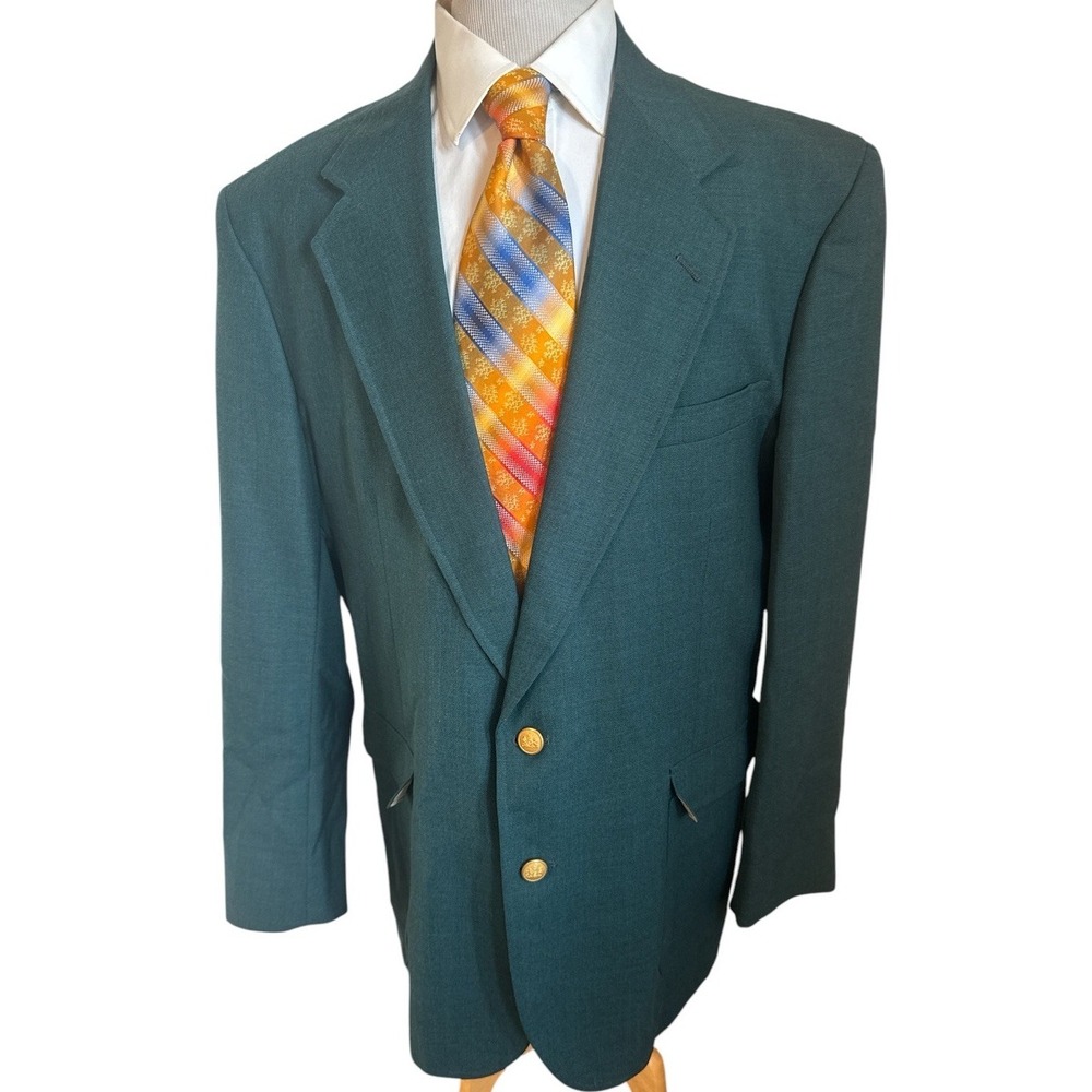 Vtg Stafford USA Made Green Hopsack Gold Button Blazer Jacket Sport Coat Sz 46L